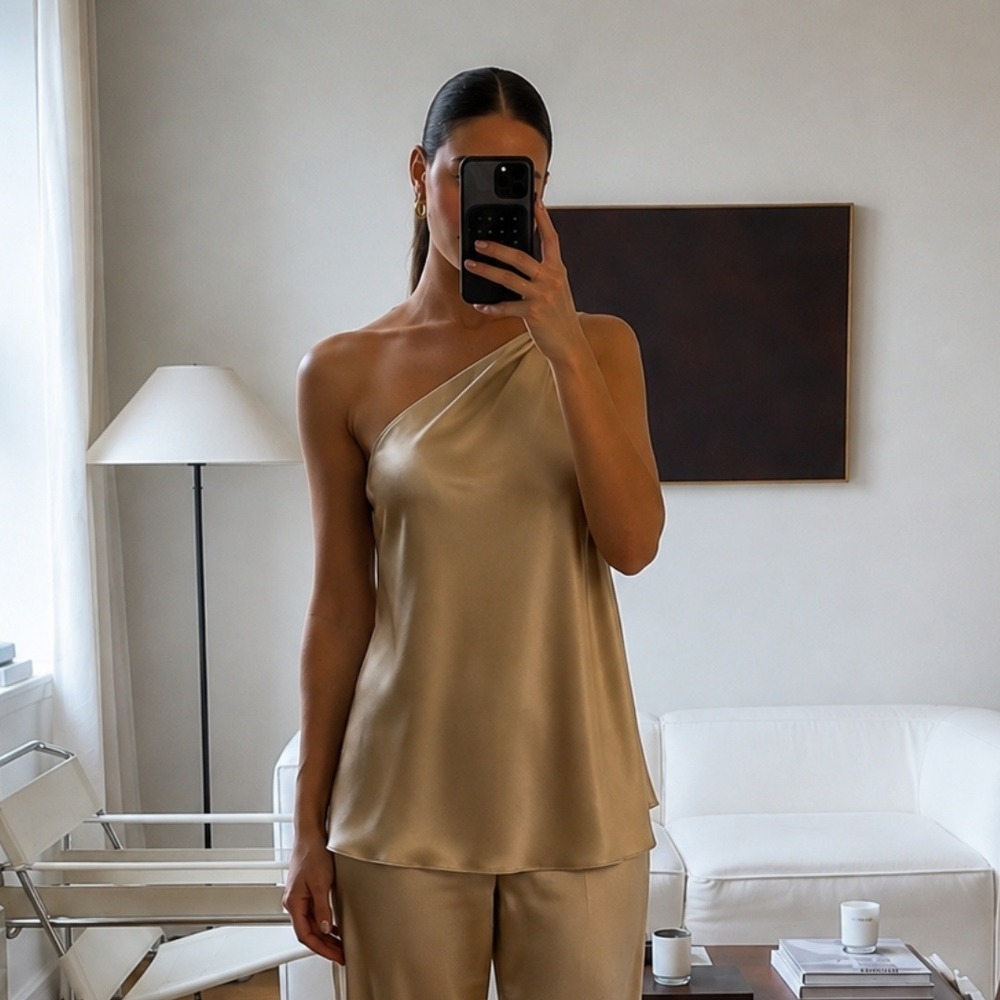 Reformation | NWT Samantha 100% Silk One Shoulder Draped Top Natural